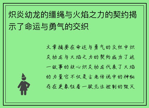 炽炎幼龙的缰绳与火焰之力的契约揭示了命运与勇气的交织