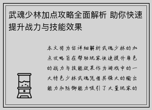 武魂少林加点攻略全面解析 助你快速提升战力与技能效果